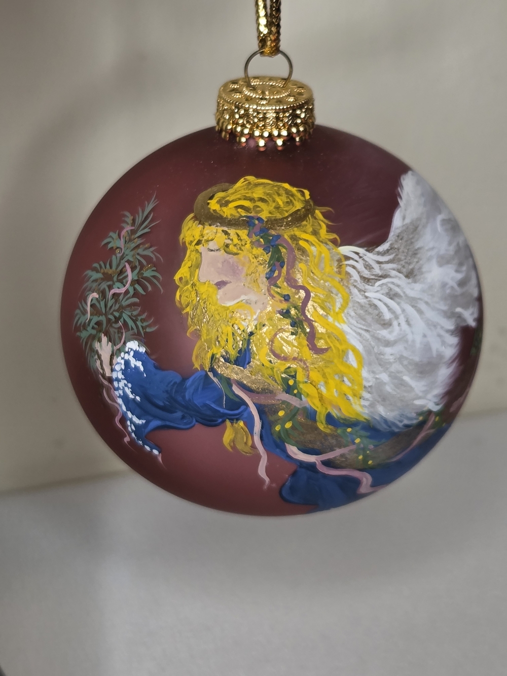 Vintage Hand Painted Glass Christmas Ball Ornament Guardian Angel